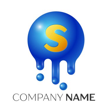 S harfi sıçrama logosunu görmeniz gerekir. Mavi noktalar ve kabarcıklar mektup tasarım gri arka plan üzerinde. Vektör çizim
