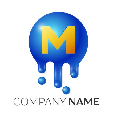 M harfi sıçrama logosunu görmeniz gerekir. Mavi noktalar ve kabarcıklar mektup tasarım gri arka plan üzerinde. Vektör çizim