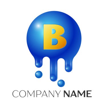 B harfi sıçrama logosunu görmeniz gerekir. Mavi noktalar ve kabarcıklar mektup tasarım gri arka plan üzerinde. Vektör çizim
