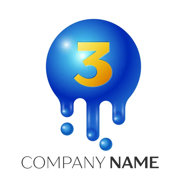 Nummer drie splash logo. Blauwe stippen en bubbels nummer ontwerp op grijze achtergrond. Vectorillustratie — Stockvector