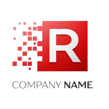 Harf R vektör logo simge paramparça bloklar beyaz arka plan üzerinde renkli kare. Tasarımınız için vektör şablonu