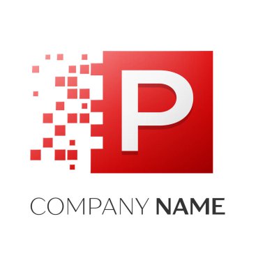 Mektup P paramparça bloklar beyaz arka plan üzerinde renkli kare logo simge vektör. Tasarımınız için vektör şablonu