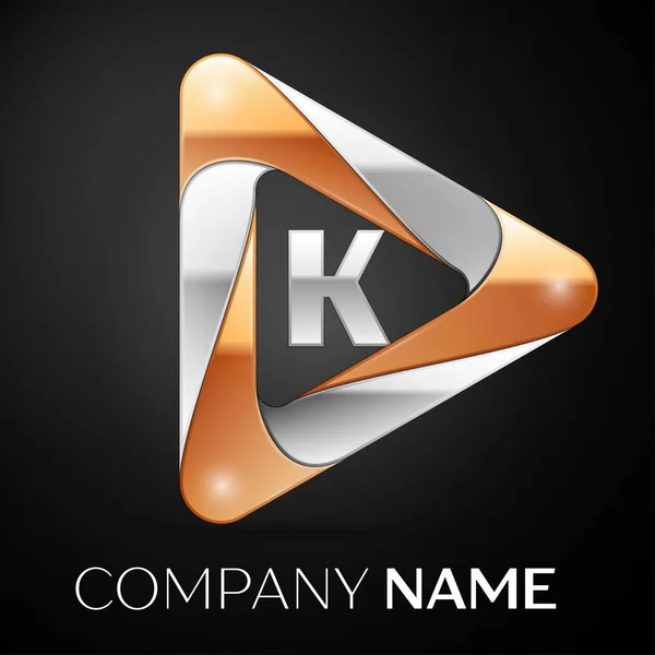 Letra K símbolo del logotipo del vector en el triángulo de colores sobre fondo negro. Plantilla vectorial para su diseño — Vector de stock