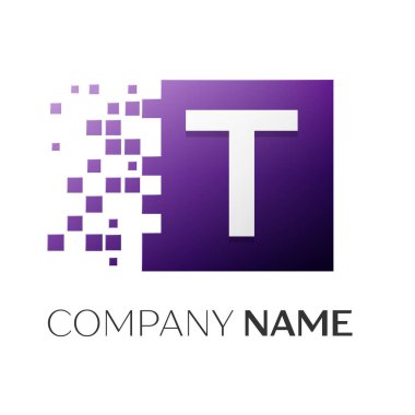 T harfinin vektör logo simge paramparça bloklar beyaz arka plan üzerinde renkli kare. Tasarımınız için vektör şablonu