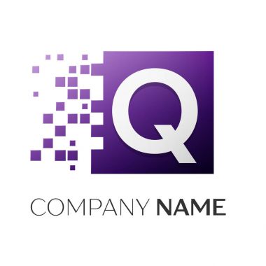 Harf Q vektör logo simge paramparça bloklar beyaz arka plan üzerinde renkli kare. Tasarımınız için vektör şablonu
