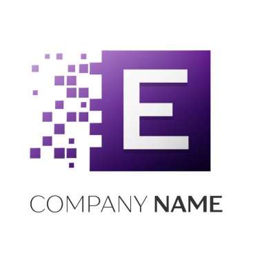 E harfinin vektör logo simge paramparça bloklar beyaz arka plan üzerinde renkli kare. Tasarımınız için vektör şablonu