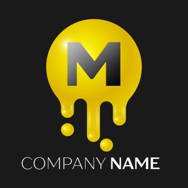 M harfi sıçrama logosunu görmeniz gerekir. Sarı nokta ve kabarcıklar mektup tasarım siyah arka plan üzerine. Vektör çizim
