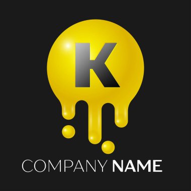 K harfi sıçrama logosunu görmeniz gerekir. Sarı nokta ve kabarcıklar mektup tasarım siyah arka plan üzerine. Vektör çizim