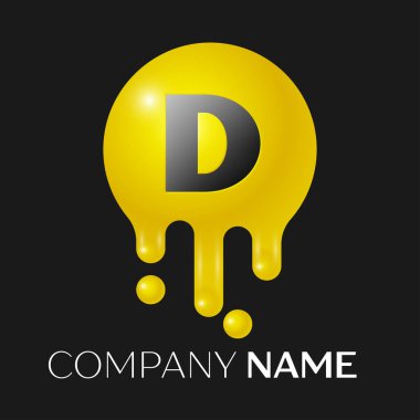 D harfi sıçrama logosunu görmeniz gerekir. Sarı nokta ve kabarcıklar mektup tasarım siyah arka plan üzerine. Vektör çizim