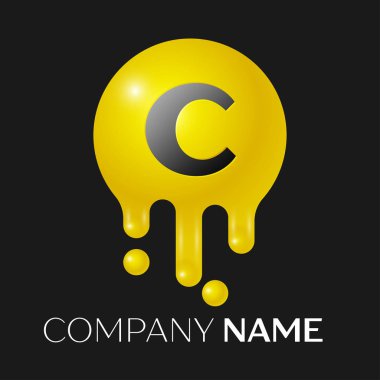 C harfi sıçrama logosunu görmeniz gerekir. Sarı nokta ve kabarcıklar mektup tasarım siyah arka plan üzerine. Vektör çizim