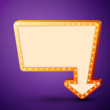 Lambalar ve ok mor arka plan üzerinde parlayan ile retro billboard. İş afiş, promosyon posteri, parlak tabela alışveriş. Vektör çizim