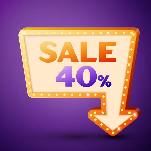 Retro billboard with shining lamps and arrow with inscription sale 40 percent discounts on purple background. Business banner, shopping promotion poster, bright signboard. Vector illustration — Stock Vector