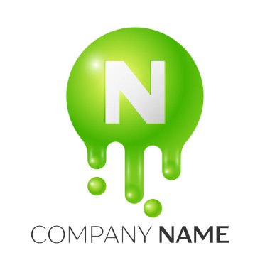 N harfi sıçrama logosunu görmeniz gerekir. Yeşil noktalar ve kabarcıklar mektup tasarım beyaz arka plan üzerinde. Vektör çizim
