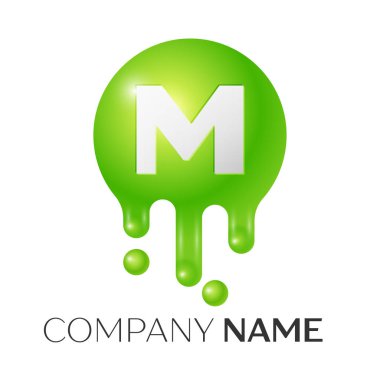 M harfi sıçrama logosunu görmeniz gerekir. Yeşil noktalar ve kabarcıklar mektup tasarım beyaz arka plan üzerinde. Vektör çizim