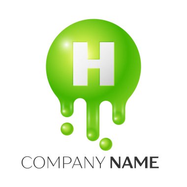 H harfi sıçrama logosunu görmeniz gerekir. Yeşil noktalar ve kabarcıklar mektup tasarım beyaz arka plan üzerinde. Vektör çizim