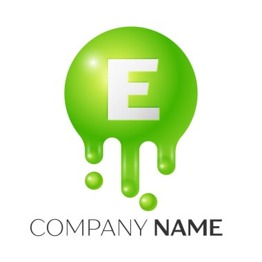 E mektup sıçrama logosunu görmeniz gerekir. Yeşil noktalar ve kabarcıklar mektup tasarım beyaz arka plan üzerinde. Vektör çizim