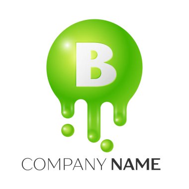 B harfi sıçrama logosunu görmeniz gerekir. Yeşil noktalar ve kabarcıklar mektup tasarım beyaz arka plan üzerinde. Vektör çizim