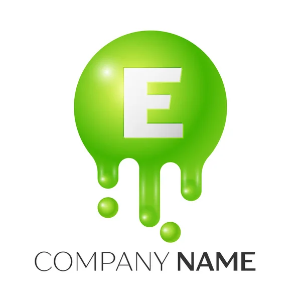 E Letter splash logo. Green dots and bubbles letter design on white background. Vector Illustration — Stock Vector