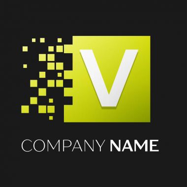 Harf V vektör logo simge paramparça bloklar siyah arka plan üzerinde renkli kare. Tasarımınız için vektör şablonu