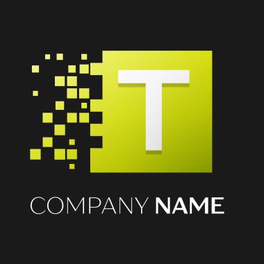 T harfinin vektör logo simge paramparça bloklar siyah arka plan üzerinde renkli kare. Tasarımınız için vektör şablonu