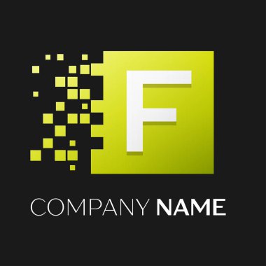 F harfi vektör logo simge paramparça bloklar siyah arka plan üzerinde renkli kare. Tasarımınız için vektör şablonu