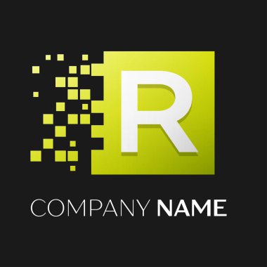Harf R vektör logo simge paramparça bloklar siyah arka plan üzerinde renkli kare. Tasarımınız için vektör şablonu