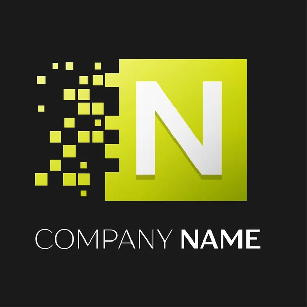 Letter N vector logo symbool in het kleurrijke plein met verbrijzelde blokken op zwarte achtergrond. Vector sjabloon voor uw ontwerp — Stockvector