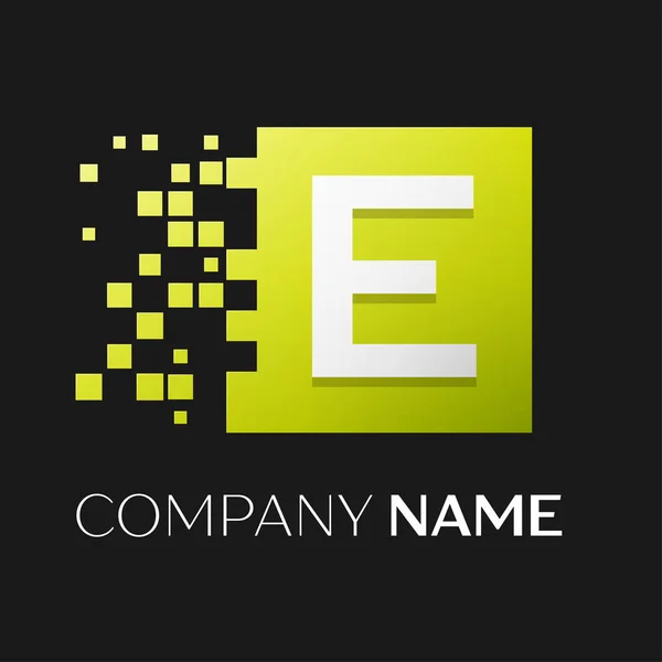 Символ векторного логотипа буквы E на красочном квадрате с разбитыми блоками на черном фоне. Векторный шаблон для Вашего дизайна — стоковый вектор