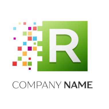 Harf R vektör logo simge paramparça bloklar beyaz arka plan üzerinde renkli kare. Tasarımınız için vektör şablonu