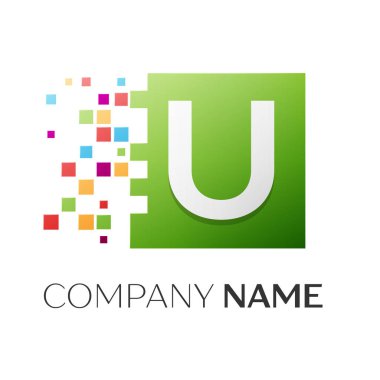 U harfi vektör logo simge paramparça bloklar beyaz arka plan üzerinde renkli kare. Tasarımınız için vektör şablonu