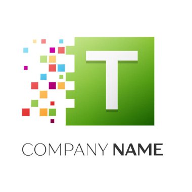 T harfinin vektör logo simge paramparça bloklar beyaz arka plan üzerinde renkli kare. Tasarımınız için vektör şablonu