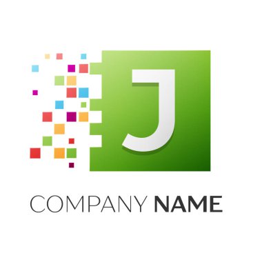 J harfi vektör logo simge paramparça bloklar beyaz arka plan üzerinde renkli kare. Tasarımınız için vektör şablonu