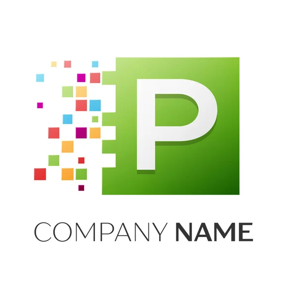 Letter P vector logo symbol in the colorful square with shattered blocks on white background. Vector template for your design — Stock Vector