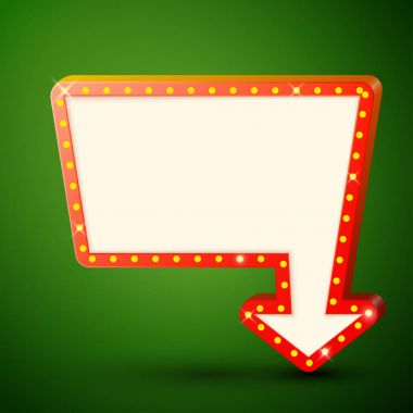 Lambalar ve ok yeşil arka plan üzerinde parlayan ile retro billboard. İş afiş, promosyon posteri, parlak tabela alışveriş. Vektör çizim