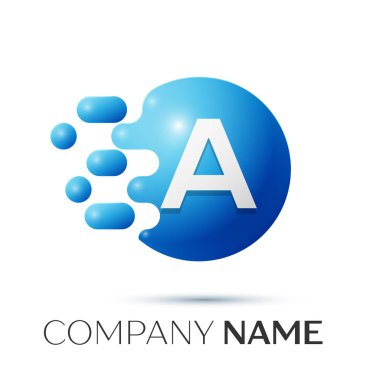 Bir mektup sıçrama logo. Mavi noktalar ve daire kabarcık mektup tasarım gri arka plan üzerinde. Vektör çizim