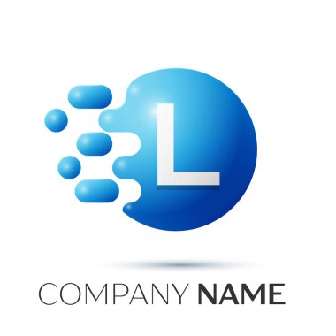 L harfi sıçrama logosunu görmeniz gerekir. Mavi noktalar ve daire kabarcık mektup tasarım gri arka plan üzerinde. Vektör çizim