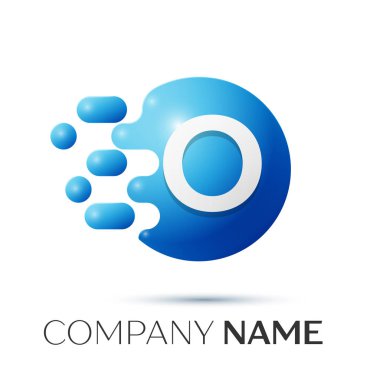 O mektup sıçrama logosunu görmeniz gerekir. Mavi noktalar ve daire kabarcık mektup tasarım gri arka plan üzerinde. Vektör çizim
