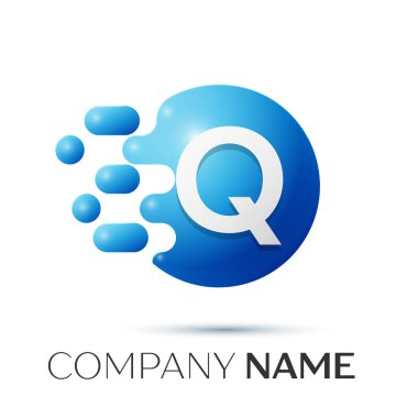 Q harfi sıçrama logosunu görmeniz gerekir. Mavi noktalar ve daire kabarcık mektup tasarım gri arka plan üzerinde. Vektör çizim