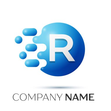 R harfi sıçrama logosunu görmeniz gerekir. Mavi noktalar ve daire kabarcık mektup tasarım gri arka plan üzerinde. Vektör çizim