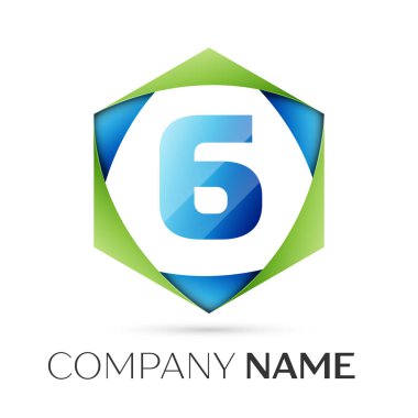 Altı numaralı vektör logo simge renkli gri arka plan üzerine altıgen. Tasarımınız için vektör şablonu