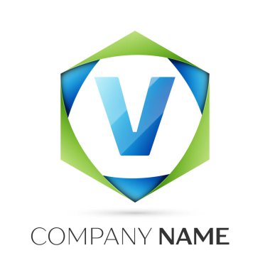 Harf V vektör logo simge renkli gri arka plan üzerine altıgen. Tasarımınız için vektör şablonu