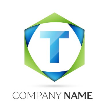 T harfinin vektör logo simge renkli gri arka plan üzerine altıgen. Tasarımınız için vektör şablonu