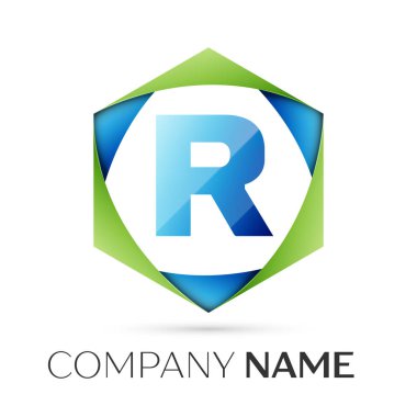 Harf R vektör logo simge renkli gri arka plan üzerine altıgen. Tasarımınız için vektör şablonu