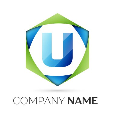 U harfi vektör logo simge renkli gri arka plan üzerine altıgen. Tasarımınız için vektör şablonu