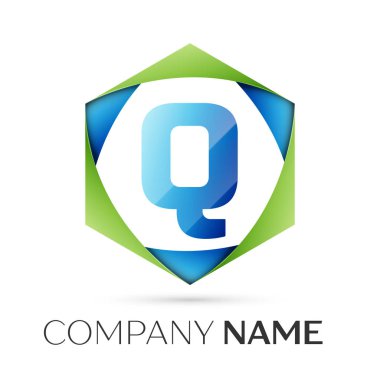 Harf Q vektör logo simge renkli gri arka plan üzerine altıgen. Tasarımınız için vektör şablonu
