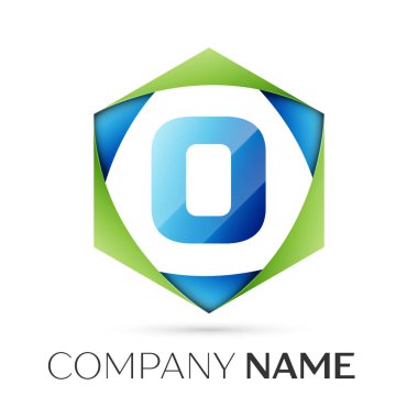 O harfi vektör logo simge renkli gri arka plan üzerine altıgen. Tasarımınız için vektör şablonu