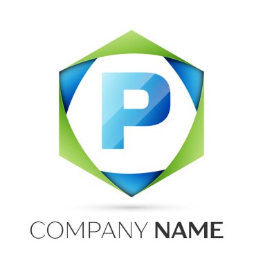 P harfi vektör logo simge renkli gri arka plan üzerine altıgen. Tasarımınız için vektör şablonu