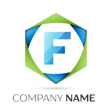 F harfi vektör logo simge renkli gri arka plan üzerine altıgen. Tasarımınız için vektör şablonu