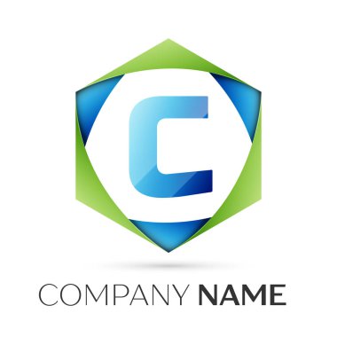 C harfi vektör logo simge renkli gri arka plan üzerine altıgen. Tasarımınız için vektör şablonu