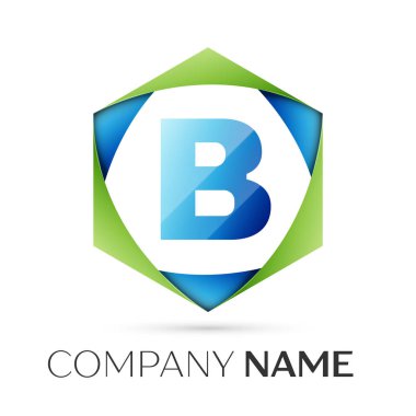 B harfi vektör logo simge renkli gri arka plan üzerine altıgen. Tasarımınız için vektör şablonu